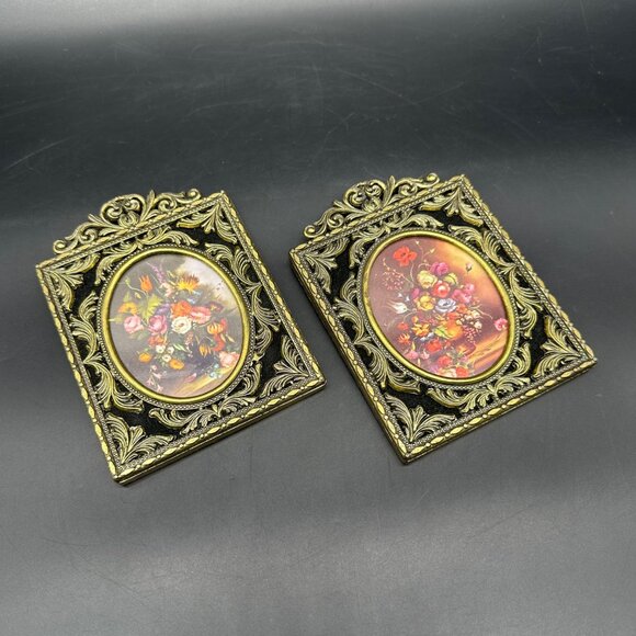 Vintage Italian Floral Pictures Ornate Metal Frames Wall Hangings Mid Century - Picture 1 of 8
